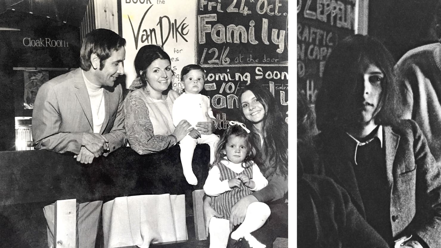 Pete, June, Jeff, Angie and Julie in The Van Dike Club, 1969, and Greg during a band photoshoot at the club, 1969