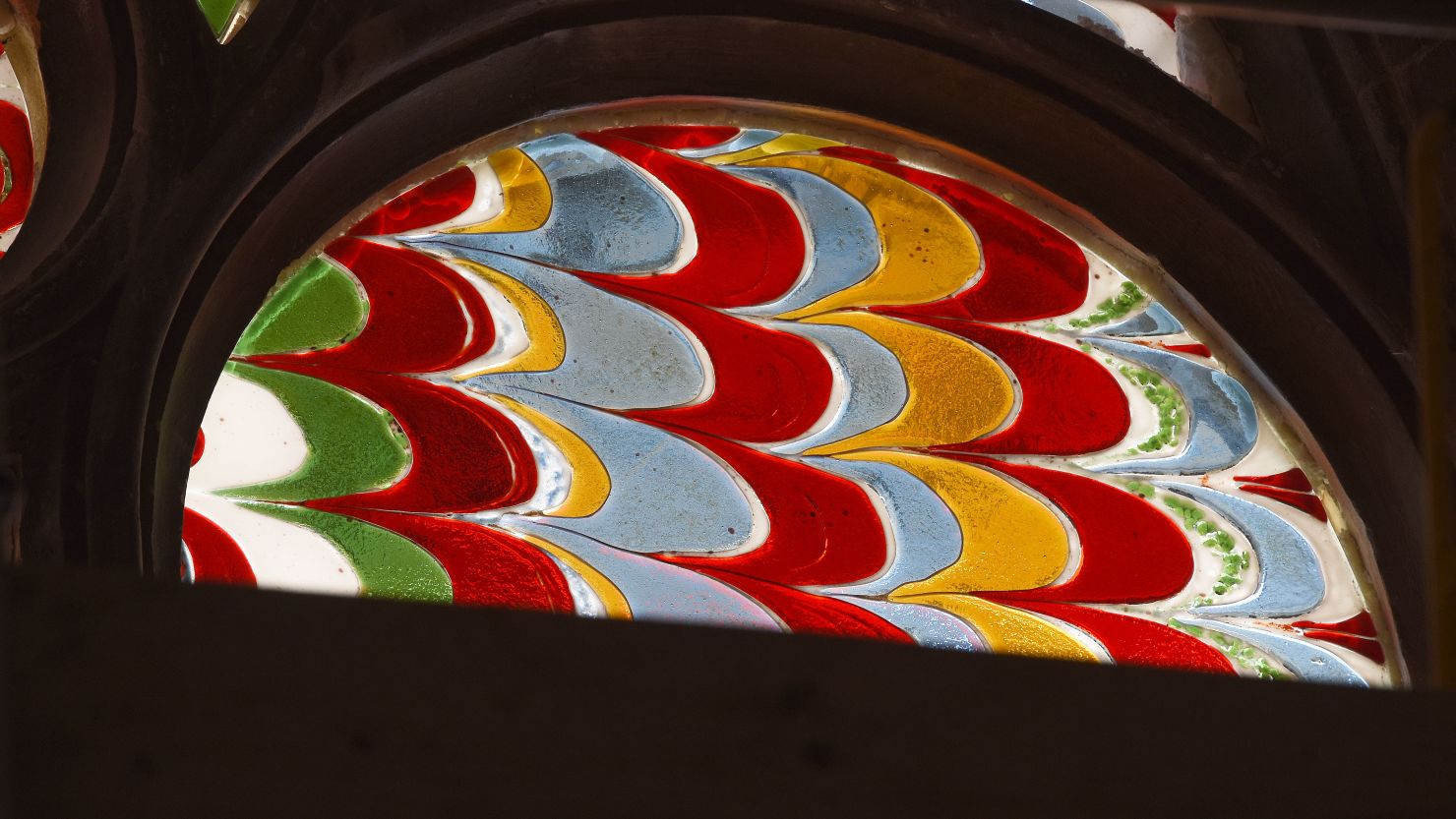 Close up of Leonor Antunes window and tracery in St Luke's at The Box, Plymouth