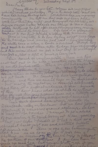Front of the letter from WO Reynolds to his mum from The Box's archives