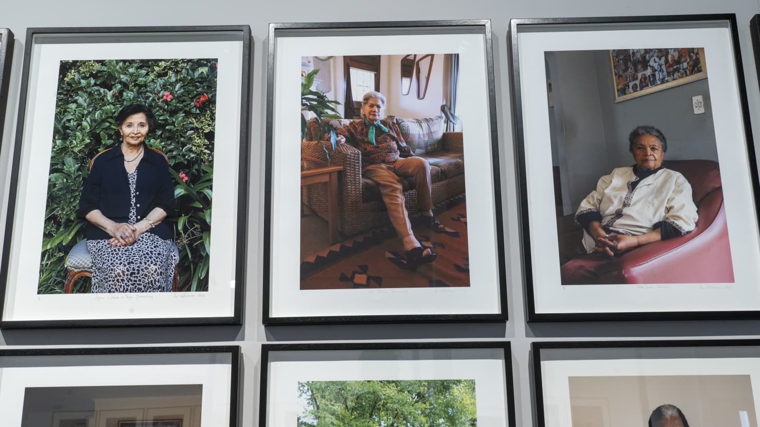 Three photographic portraits by Sue Williamson. From left to right: All Our Mothers: Sophie Williams de Bruyn (2012), Rica Hodgson (2012), Vesta Smith (2012)
