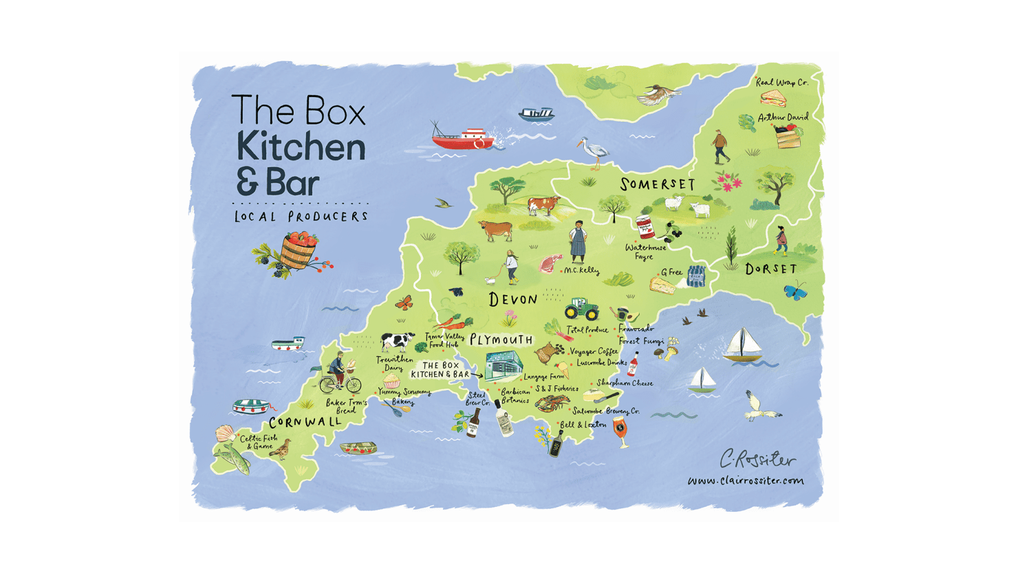 A drawn map showing the locations of food producers