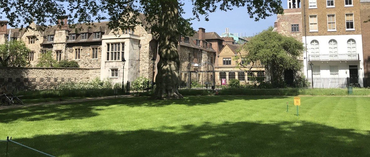 A view of the historic buildings of the Charterhouse across the grass of Charterhouse Square