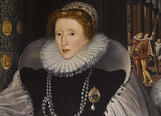 Head and shoulders of Elizabeth 1 in black dress, white ruff and pearls with ornate broach