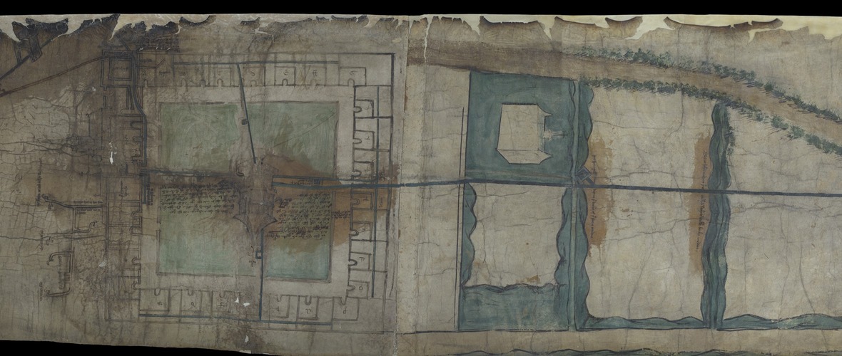a medieval map on parchment from a birds-eye perspective of the Charterhouse and the surrounding area