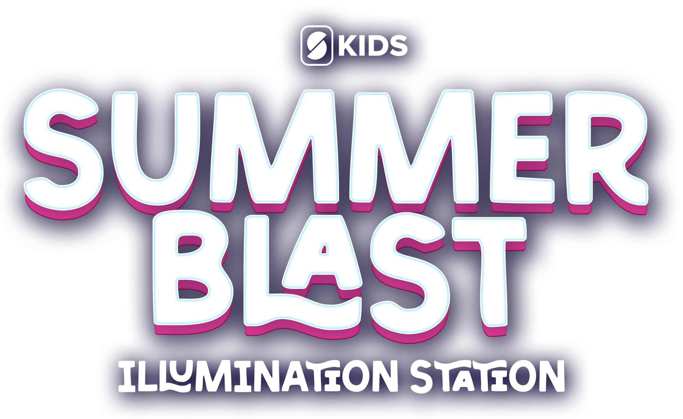 A logo for a kids' event that says 'Summer Blast' in large, white, bubbly letters with pink and blue outlines. Below it reads 'Illumination Station'.