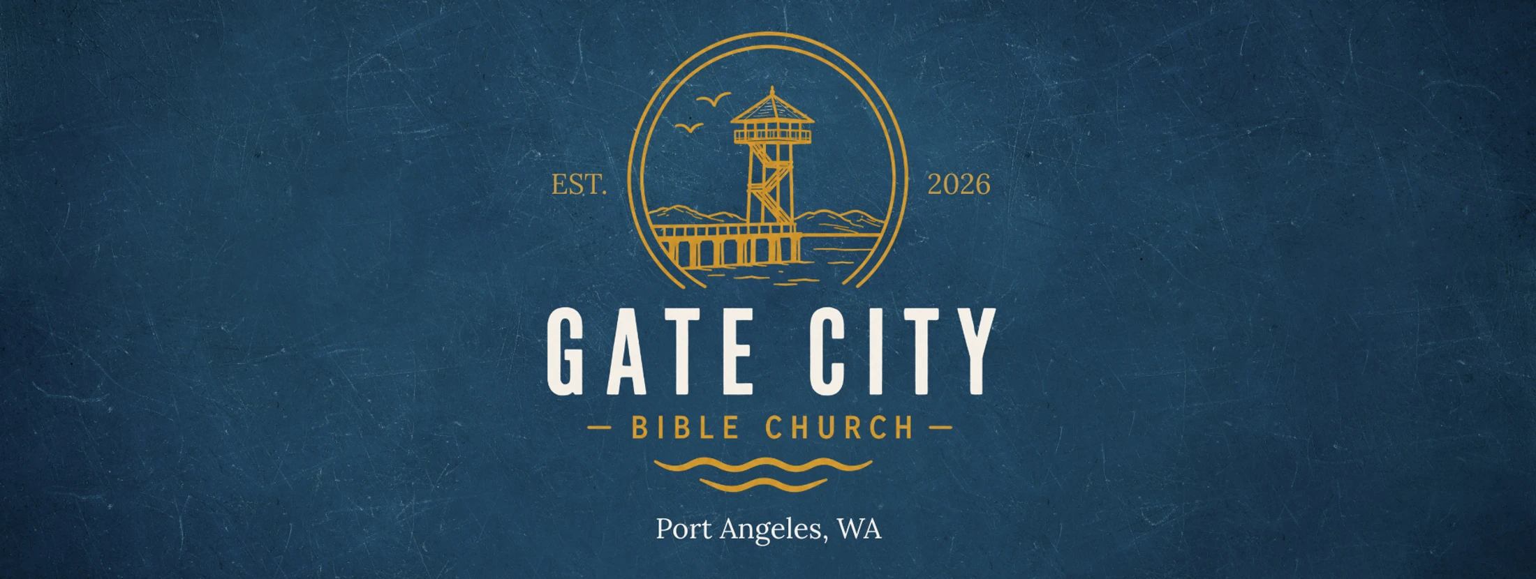 The logo for Gate City Bible Church in Port Angeles, WA. It features a gold emblem of a pier tower on a textured blue background with white and gold text.