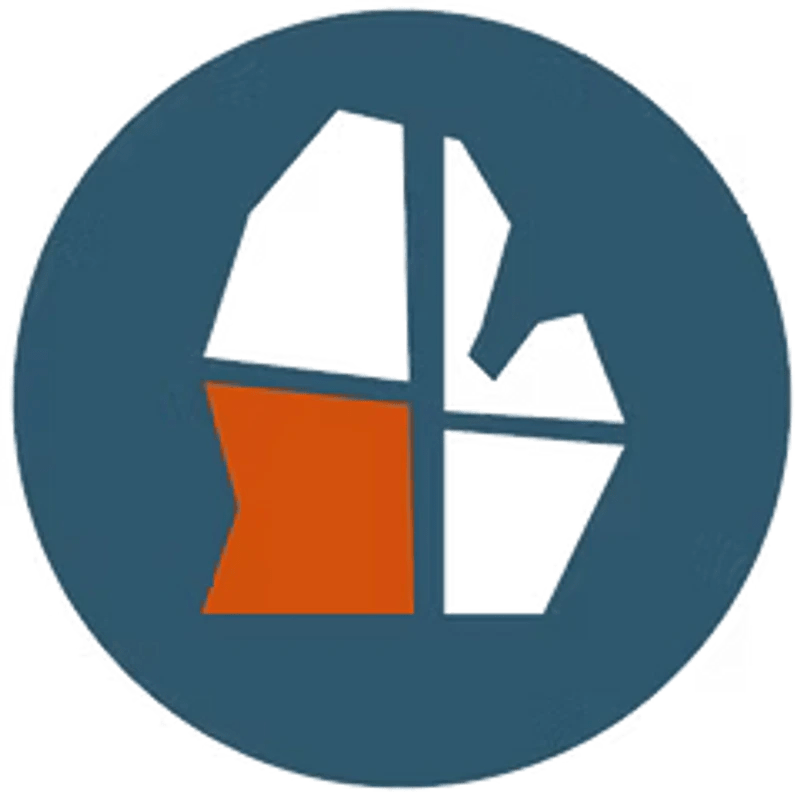 A circular logo with a dark teal background, featuring a solid orange flag shape and white outlines of abstract shapes.