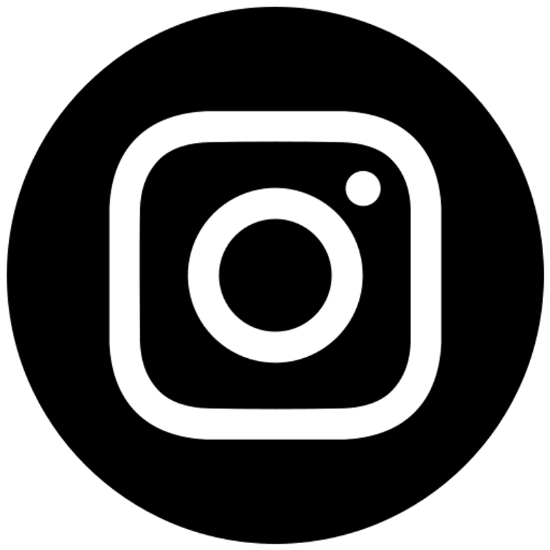 The Instagram social media logo shown in white, featuring a stylized camera inside a square, all set within a solid black circle.