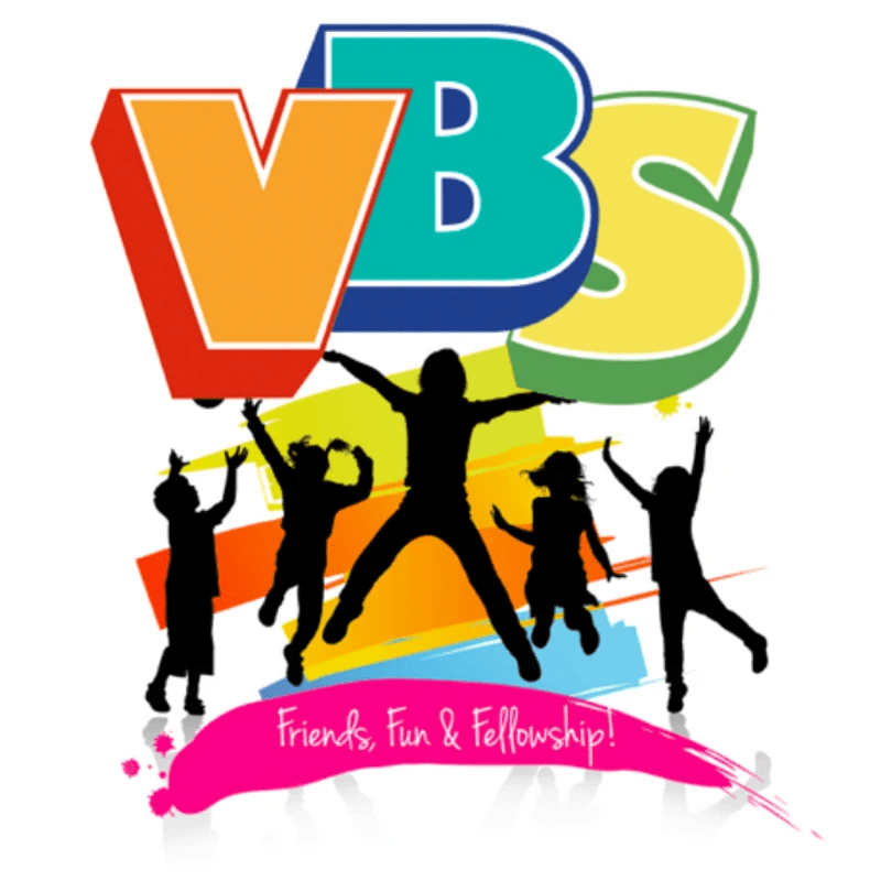 A colorful logo for VBS (Vacation Bible School) with silhouettes of children jumping and playing. Below them, a pink banner reads 'Friends, Fun & Fellowship!'.