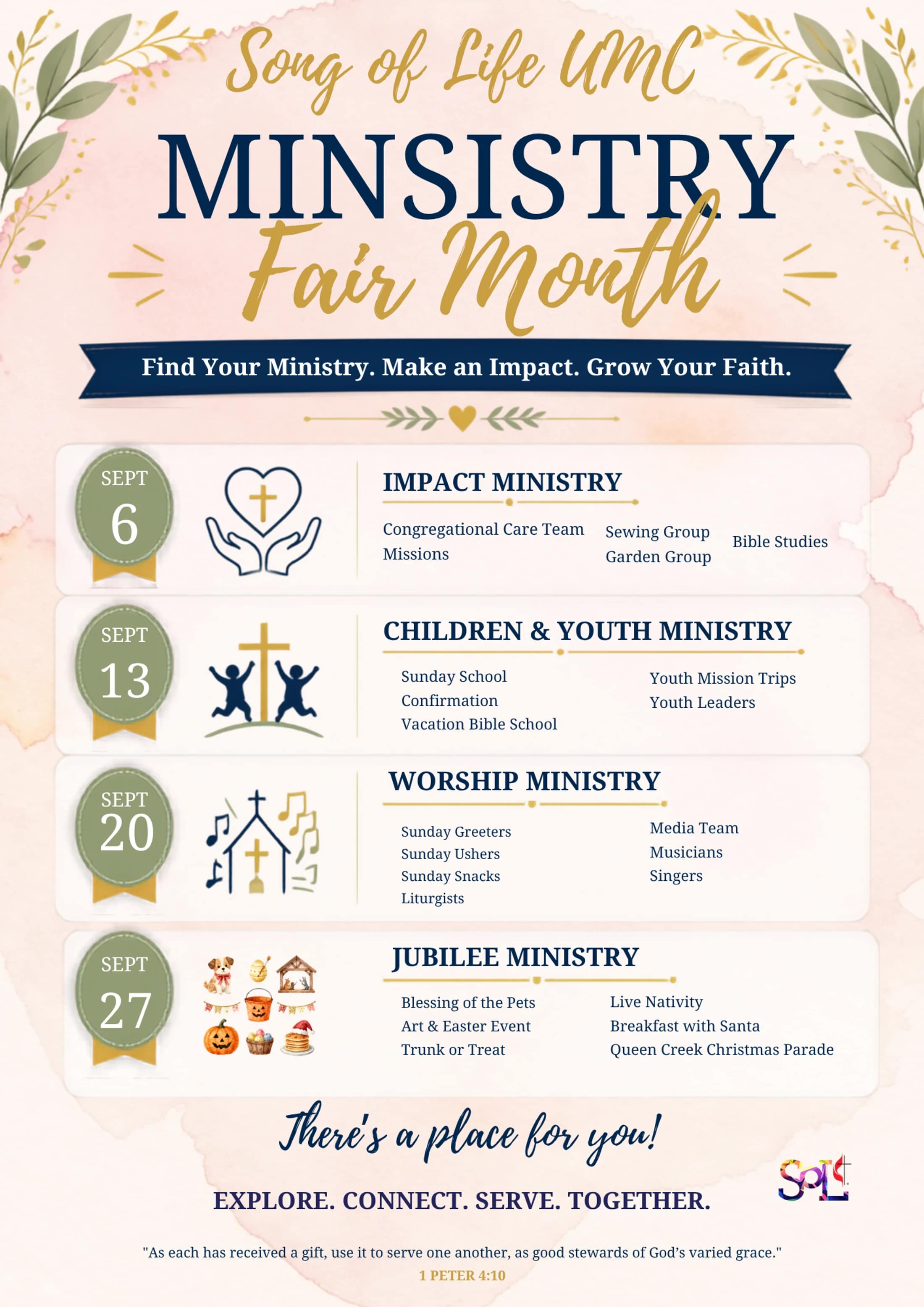 A flyer for a church's Ministry Fair Month in September. It lists four ministry categories with dates: Impact, Children & Youth, Worship, and Jubilee.