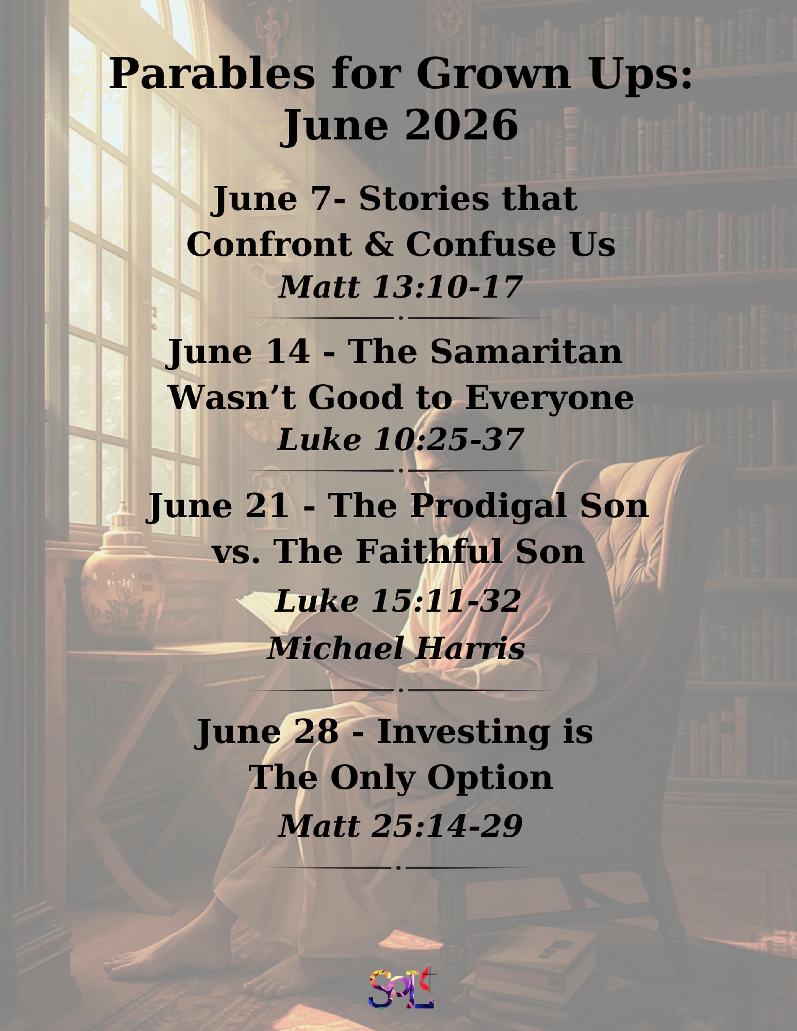 A graphic for a June 2026 series, "Parables for Grown Ups," listing weekly topics over an image of a person reading a book in a library.
