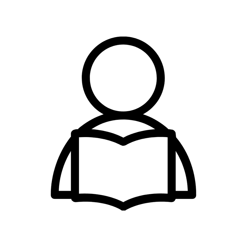 A minimalist black line icon depicting a stylized person with a round head holding an open book, symbolizing reading, learning, or studying.