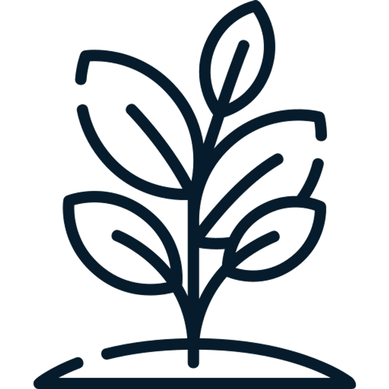 A simple, dark blue line drawing of a small plant with several leaves sprouting from a mound of soil. The icon represents growth and nature.