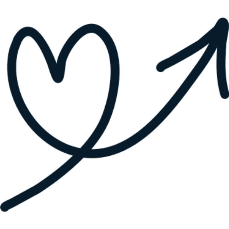 A simple, dark blue, hand-drawn icon of a heart with an arrow extending from it, pointing up and to the right, on a white background.