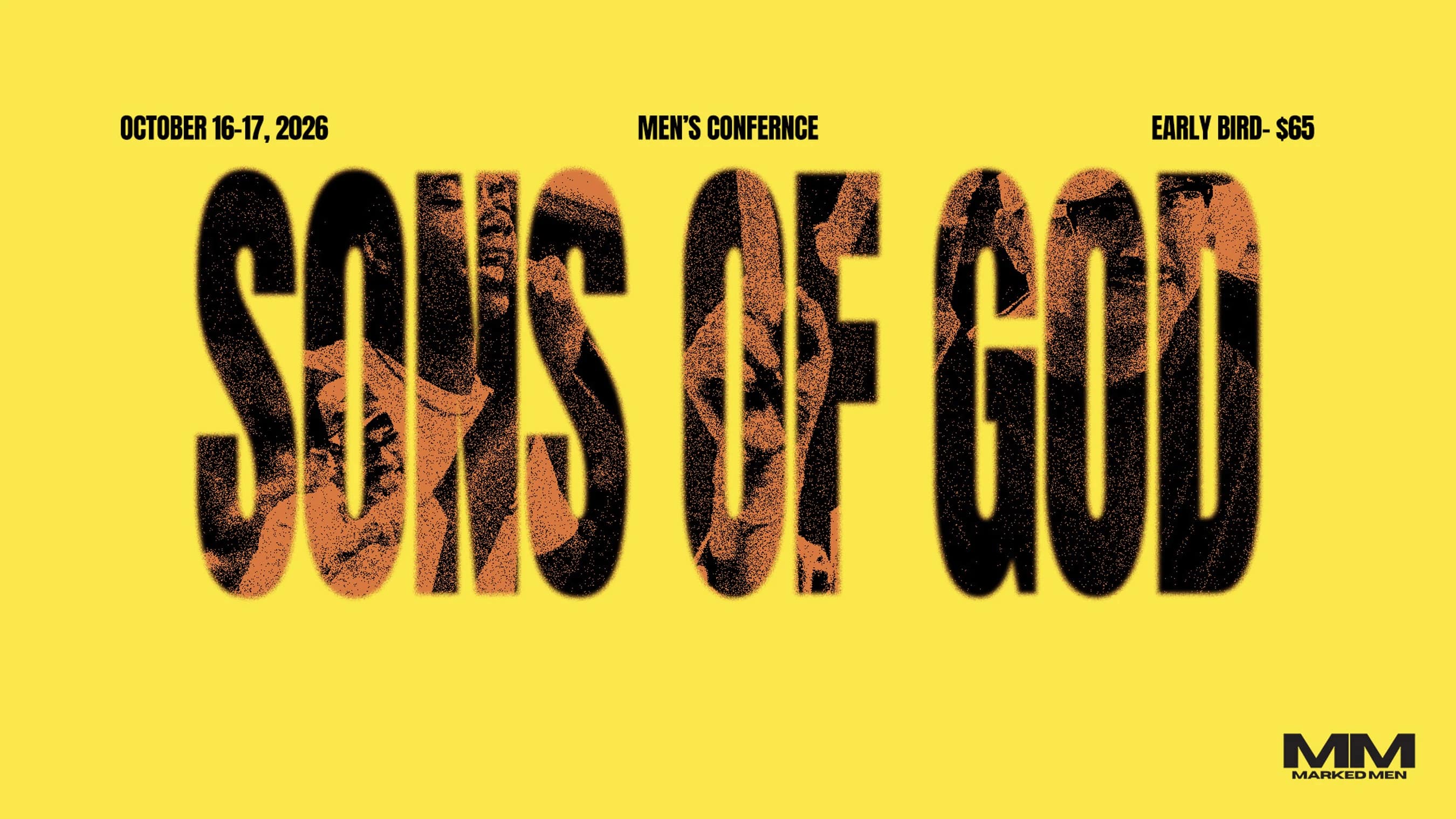 A bright yellow promotional graphic for the 'Sons of God' Men's Conference. The title is in a large, black, textured font. The date and price are listed above.