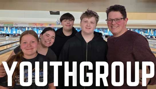A group of five smiling teenagers and an adult pose for a photo at a bowling alley, with the words 'YOUTH GROUP' in large white letters at the bottom.