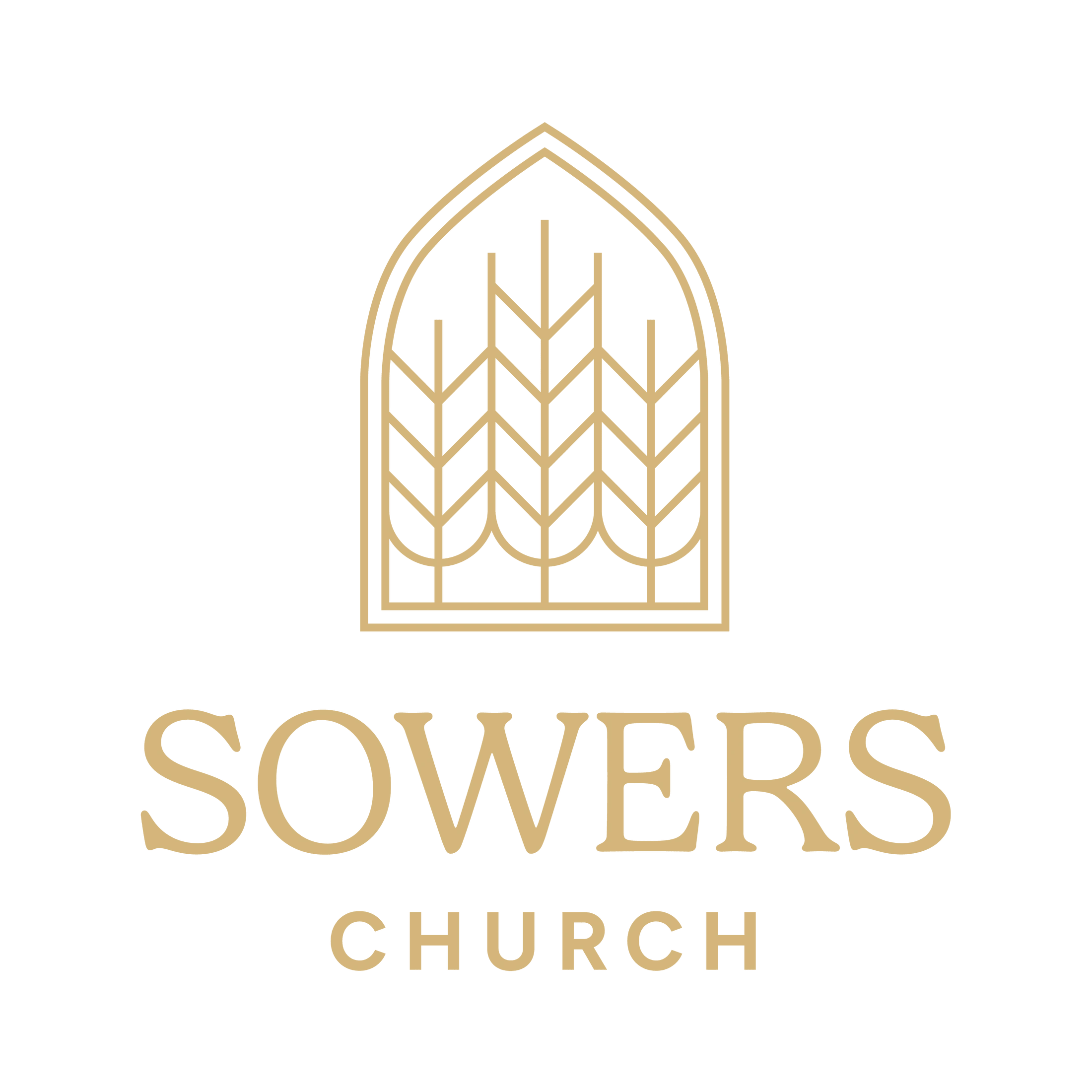The logo for Sowers Church in a light gold color. It features a graphic of wheat stalks inside an arched window outline, above the words 'SOWERS CHURCH'.