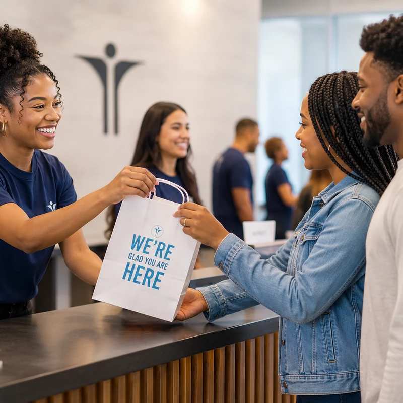 A smiling woman at a guest services desk hands a white welcome bag that says "We're Glad You Are Here" to a young, smiling couple.