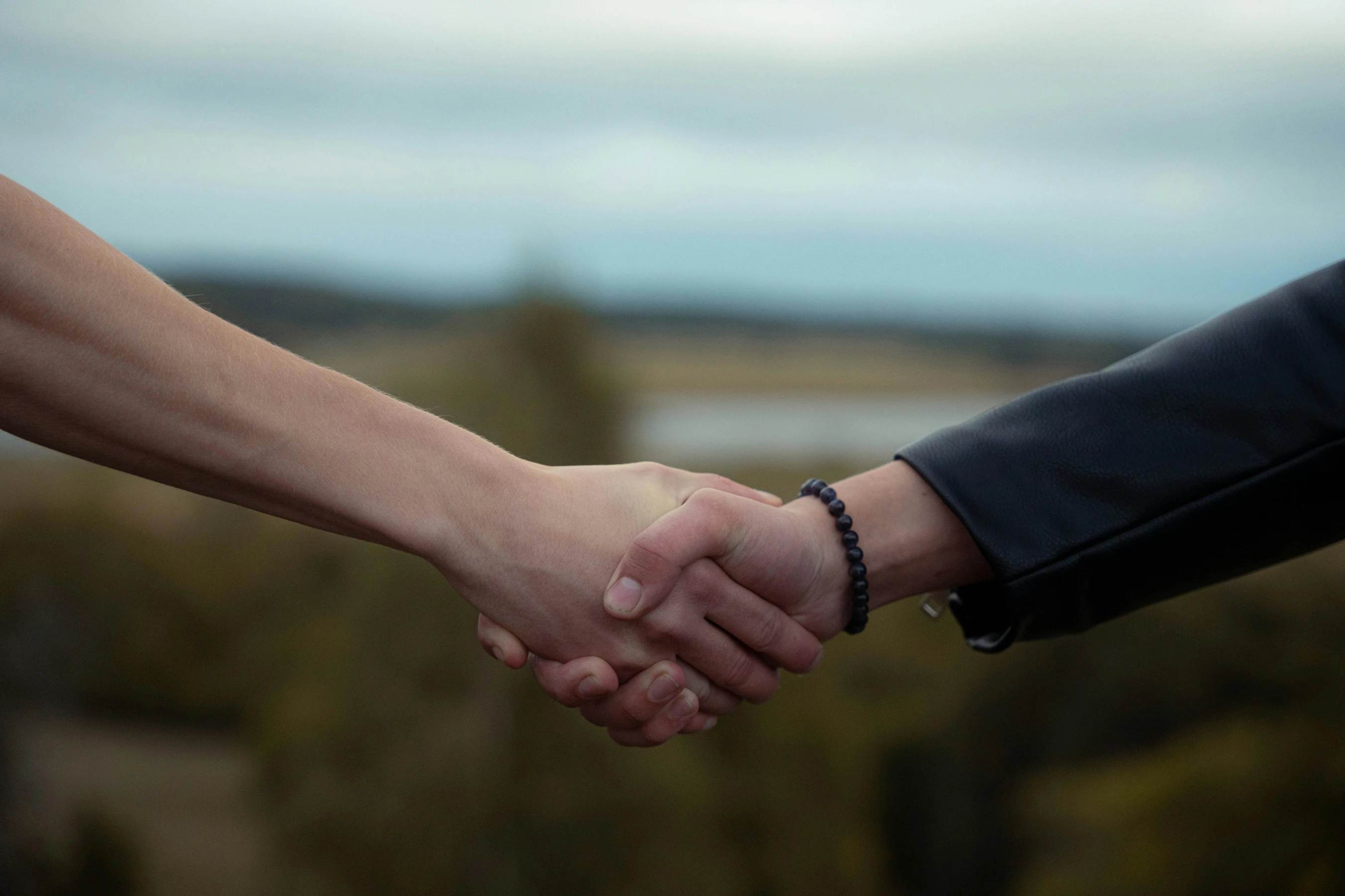 Two people shake hands in a symbolic gesture