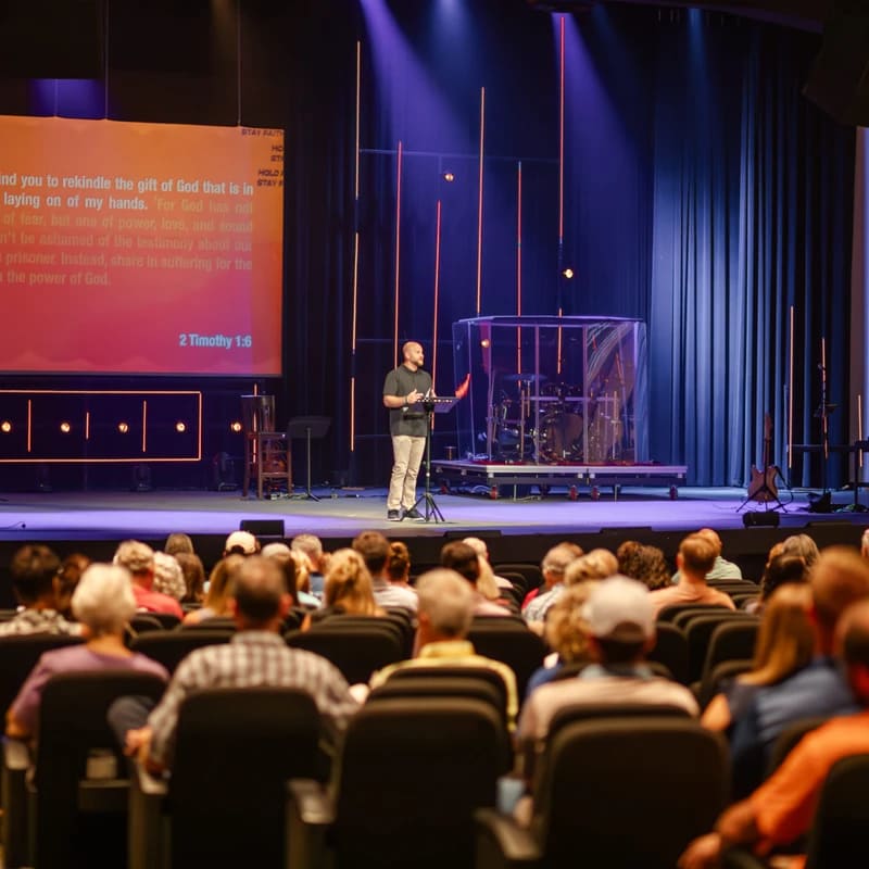 A pastor speaks on a professionally lit stage to a large, seated congregation. A screen behind him displays a bible verse from 2 Timothy.