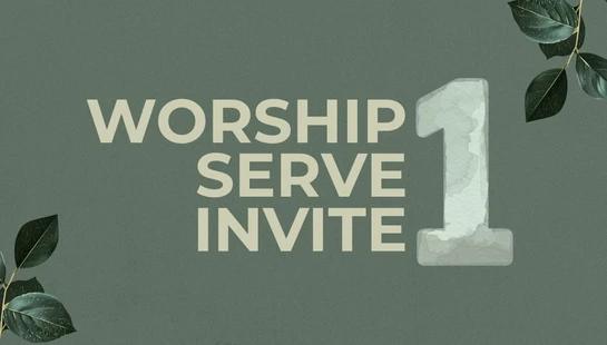 A sage green graphic with illustrated leaves. Text reads 'Worship Serve Invite' next to a large number 1. The word 'Easter' is at the bottom.