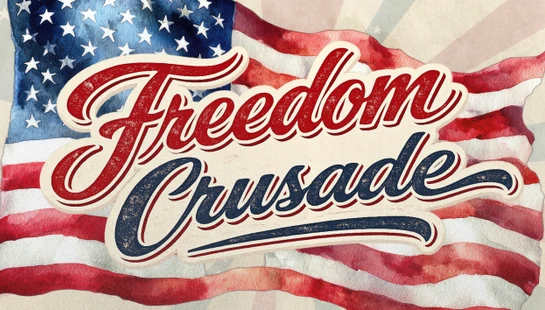 The words 'Freedom Crusade' in red and blue retro script over a watercolor painting of a waving American flag. The image has a vintage, textured feel.