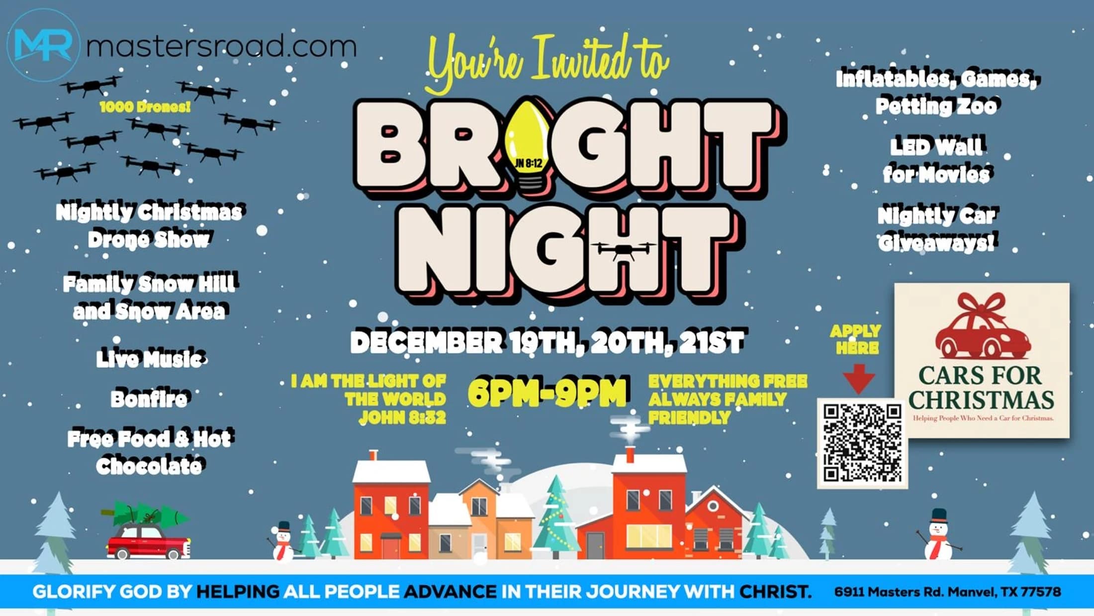 A promotional flyer for a Christmas event called Bright Night on Dec 19-21, listing free family activities like a drone show, snow hill, and car giveaways.