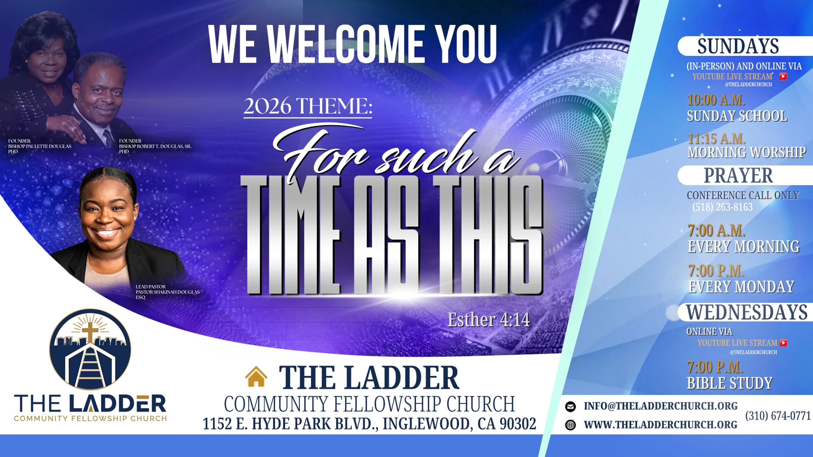 A welcome flyer for The Ladder Community Fellowship Church with photos of the pastors, the 2026 theme "For such a time as this," and service schedules.