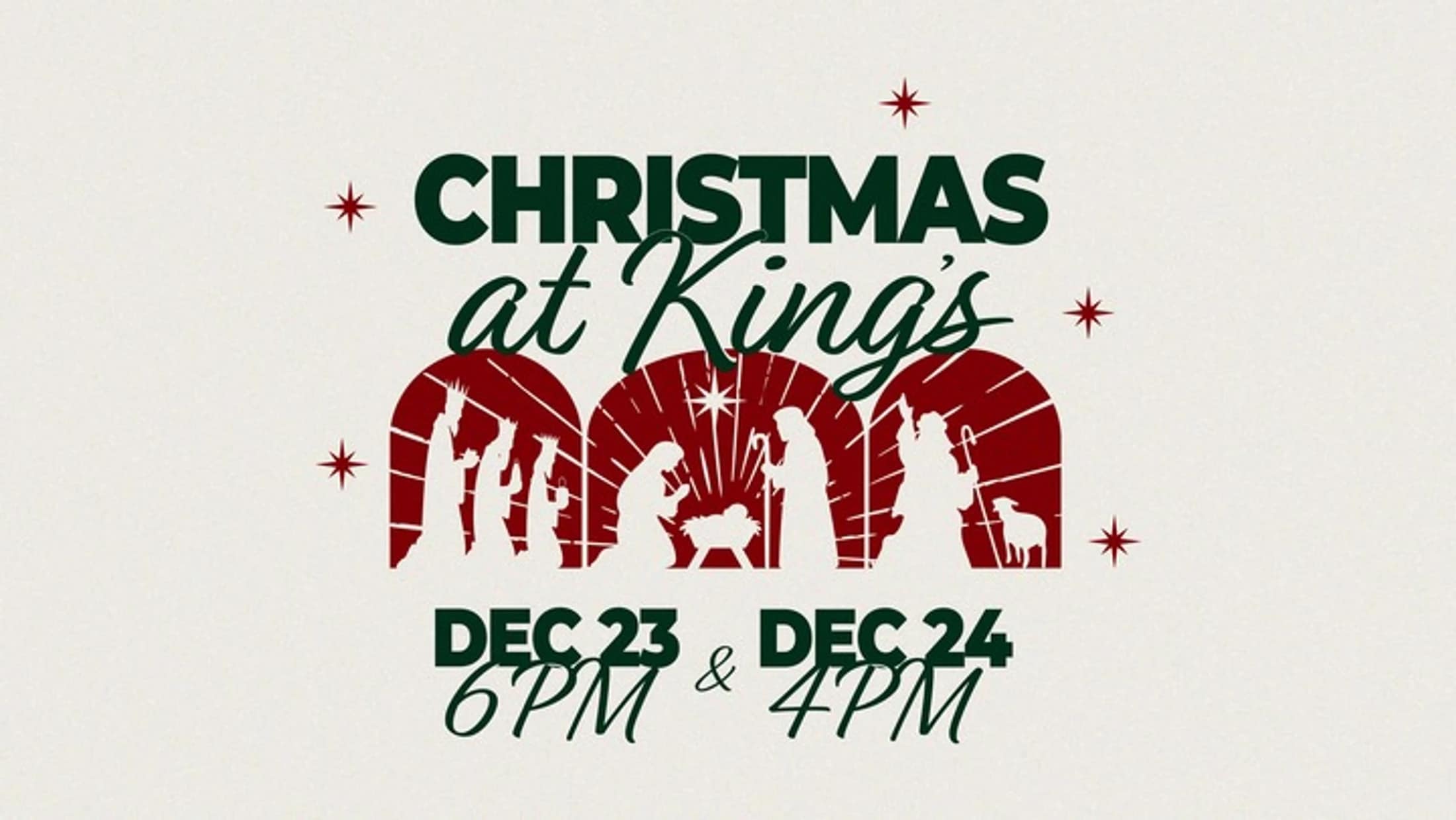 A graphic for a "Christmas at King's" event, featuring a three-panel silhouette of the nativity scene with dates and times listed below for December 23 & 24.