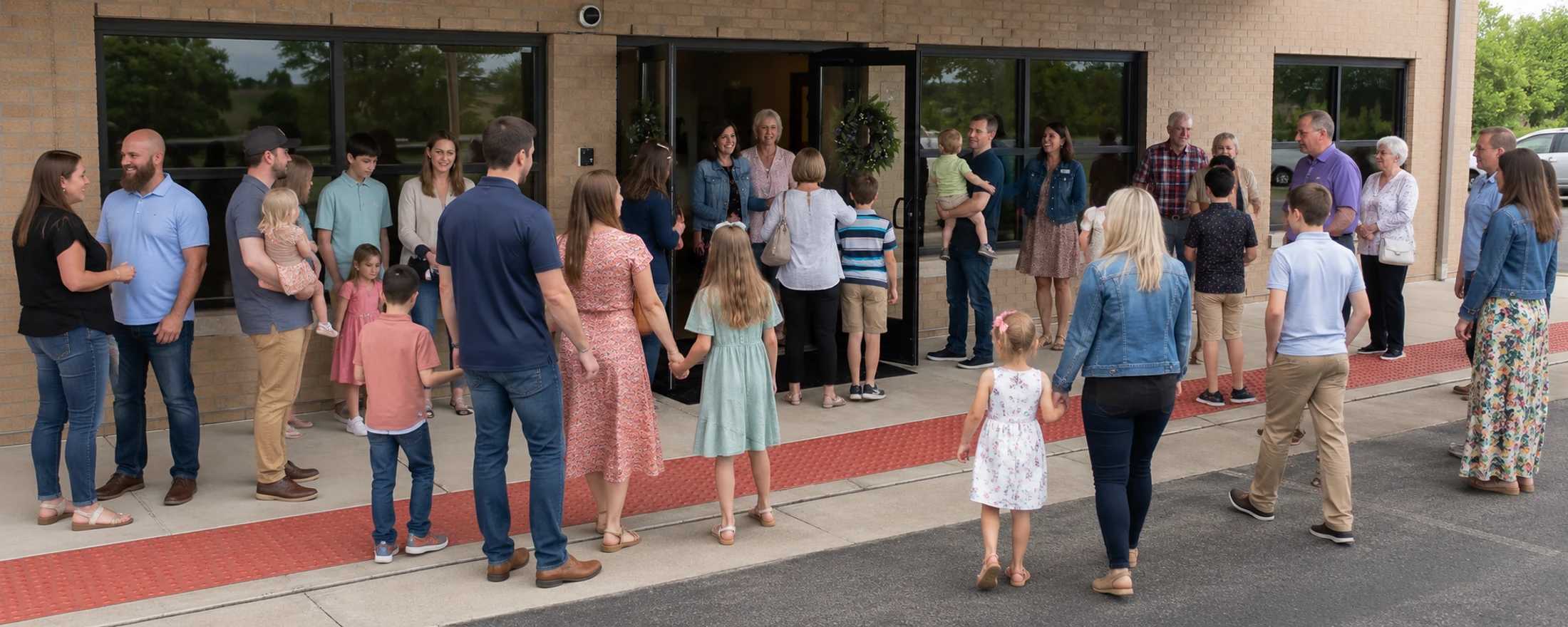 A large group of families and individuals of all ages gather on the sidewalk outside a brick building, walking towards the open doors and greeting each other.