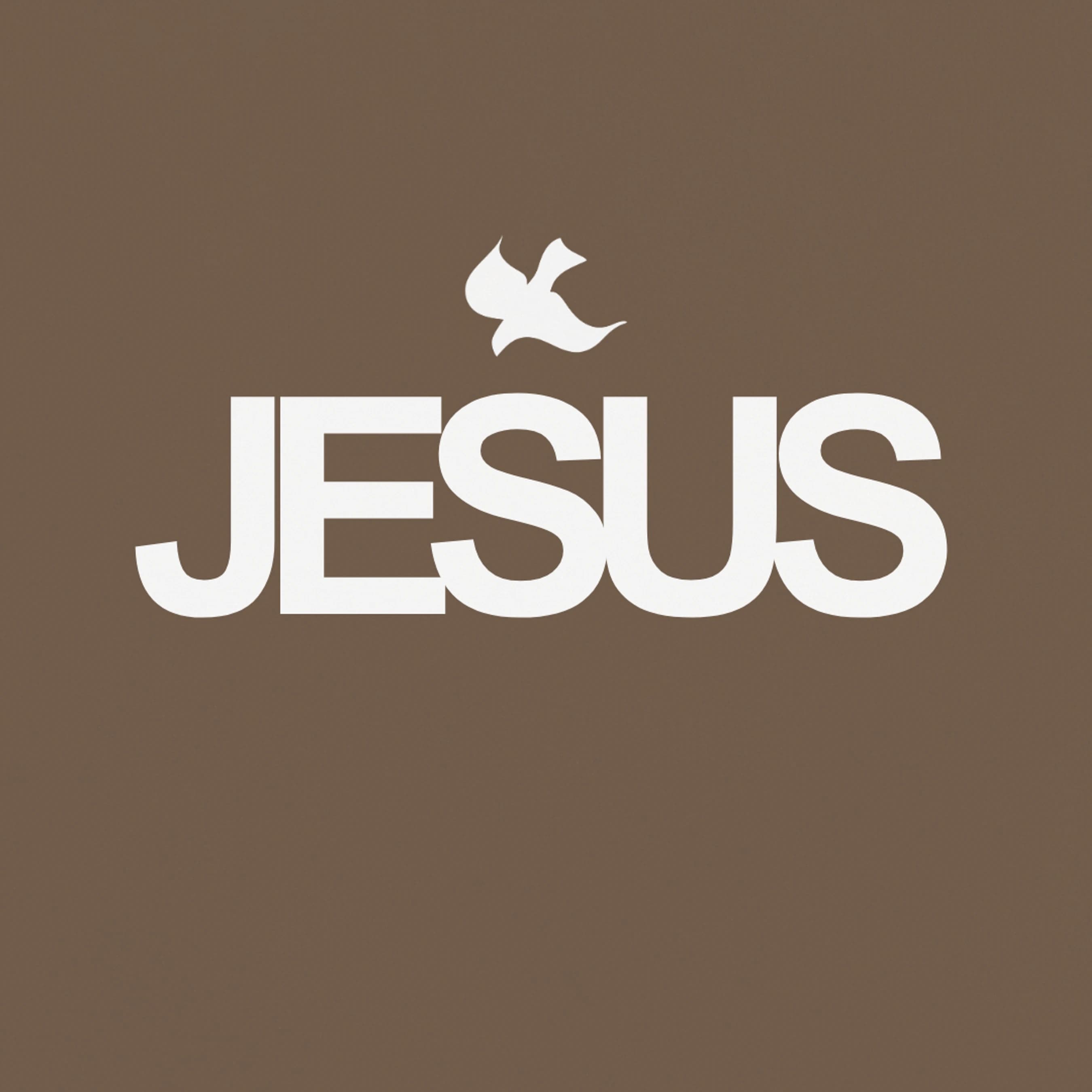 The word JESUS in bold white letters on a solid brown background. A small white dove, representing the Holy Spirit, flies above the name.