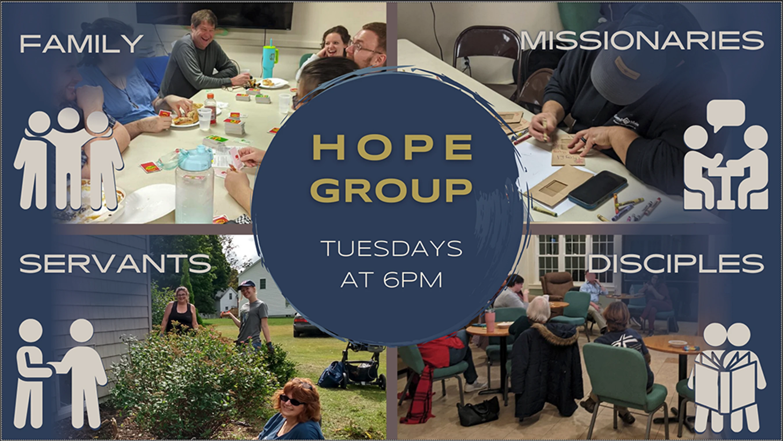 <span style="line-height: 2rem;">Hope Group<br>Wednesdays 6:00 - 8:00 PM</span>