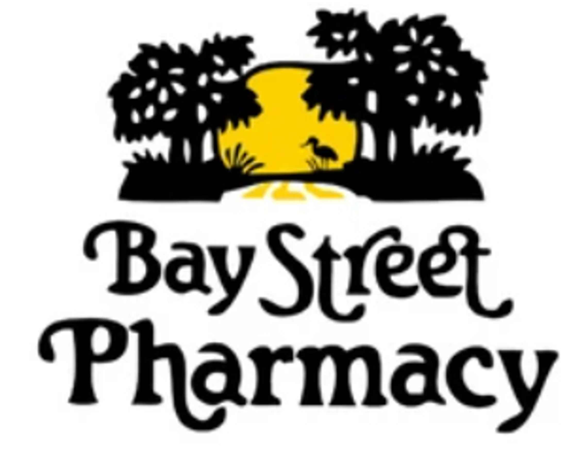 The logo for Bay Street Pharmacy. Above the name is a graphic of a sun setting over water, with silhouetted trees and a bird.