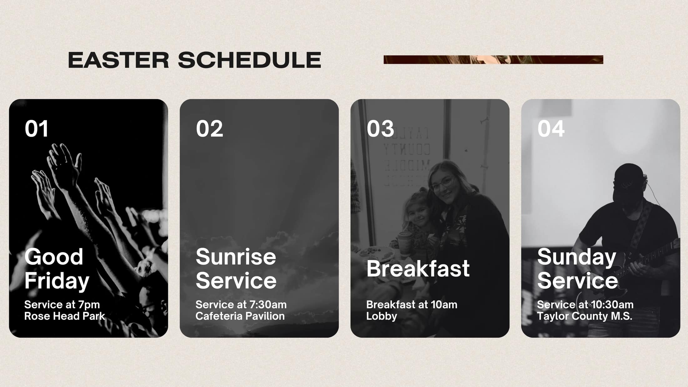 An Easter schedule graphic listing four events: Good Friday service, Sunrise service, Breakfast, and Sunday service, with their respective times and locations.
