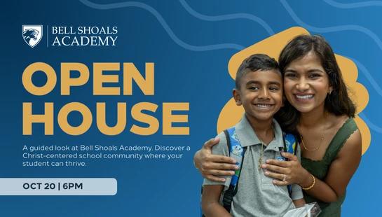 A graphic for Bell Shoals Academy's Open House on Oct 20 at 6pm. The image features a smiling mother hugging her young son who is wearing a backpack.