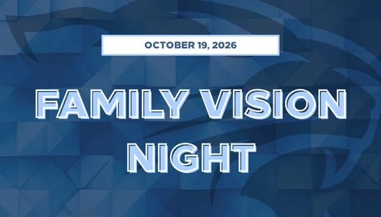 A graphic announcing 'Family Vision Night' on October 19, 2026. The text is light blue with a white outline over a dark blue geometric background.