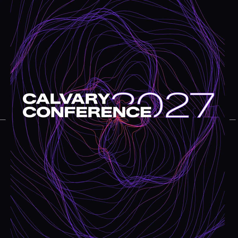 A poster for Calvary Conference 2027. White text sits on a black background with an abstract swirl of thin purple and pink lines flowing through the design.