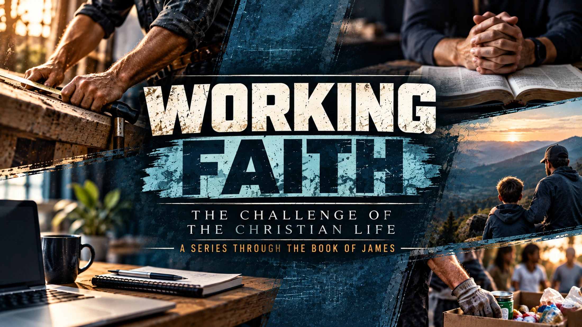 A sermon series graphic titled 'Working Faith.' A collage shows hands praying, doing carpentry, and packing food donations, depicting an active Christian life.