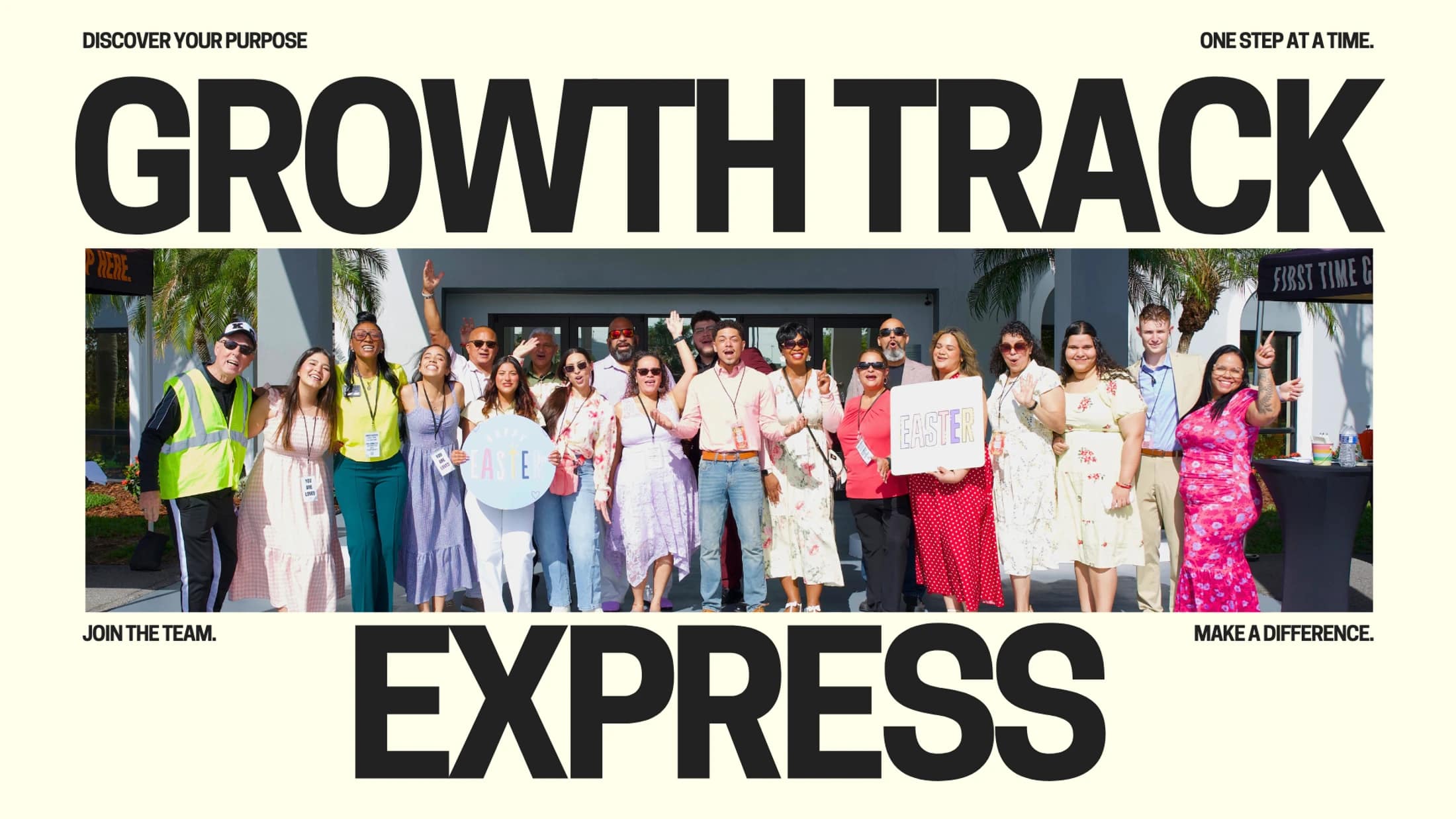 A promotional graphic for Growth Track Express showing a large, diverse group of smiling people posing together outdoors in front of a building.