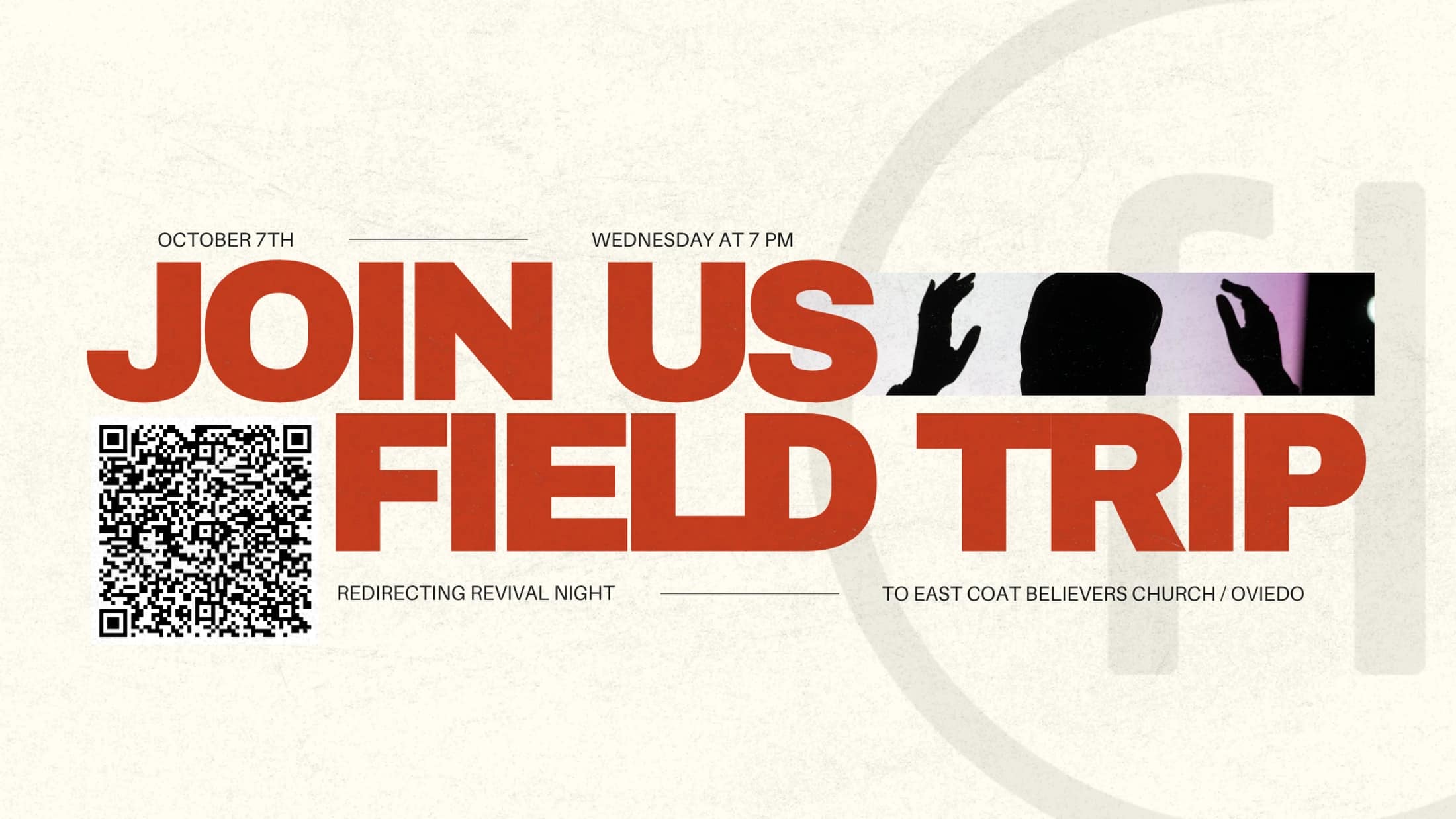 An event announcement that reads 'Join Us Field Trip' in large red letters. It lists the date as October 7th and the location as East Coat Believers Church.
