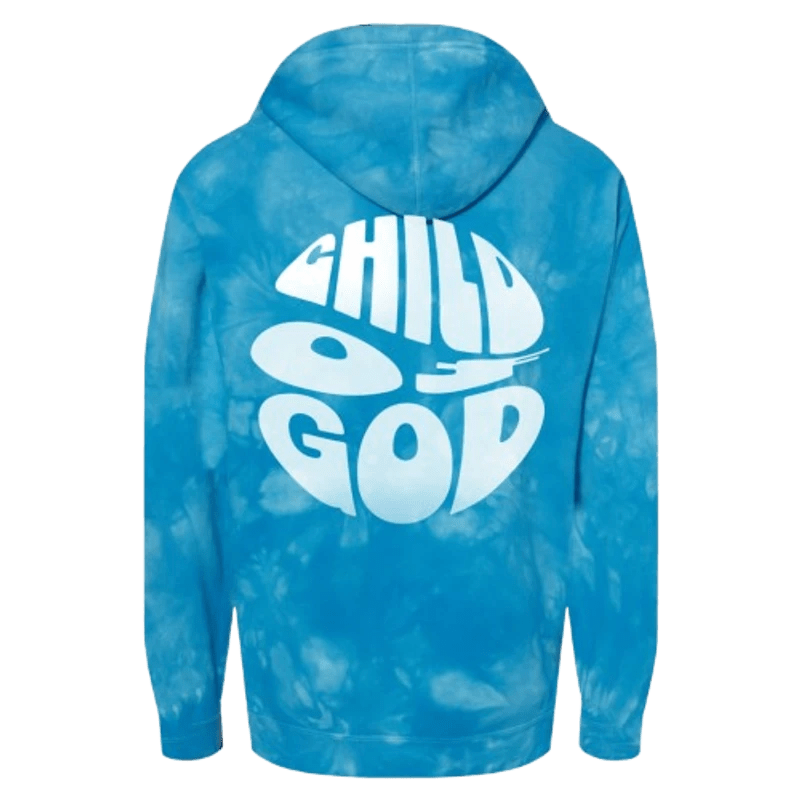 Back view of a light blue tie-dye hoodie featuring a large, white circular graphic with the words 'CHILD OF GOD' in a stylized, bubbly font.