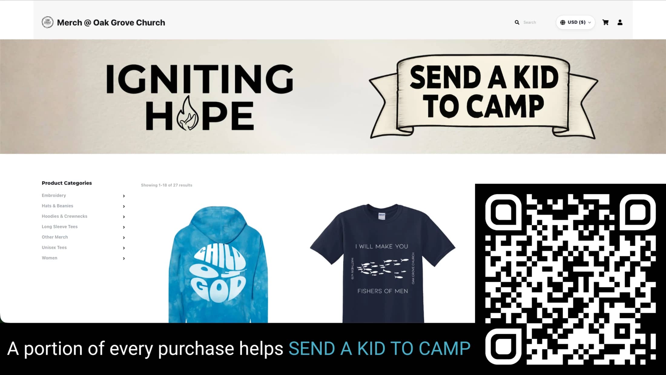 A screenshot of the Oak Grove Church online store, featuring merchandise for sale to raise money to send a kid to camp, with a large QR code.