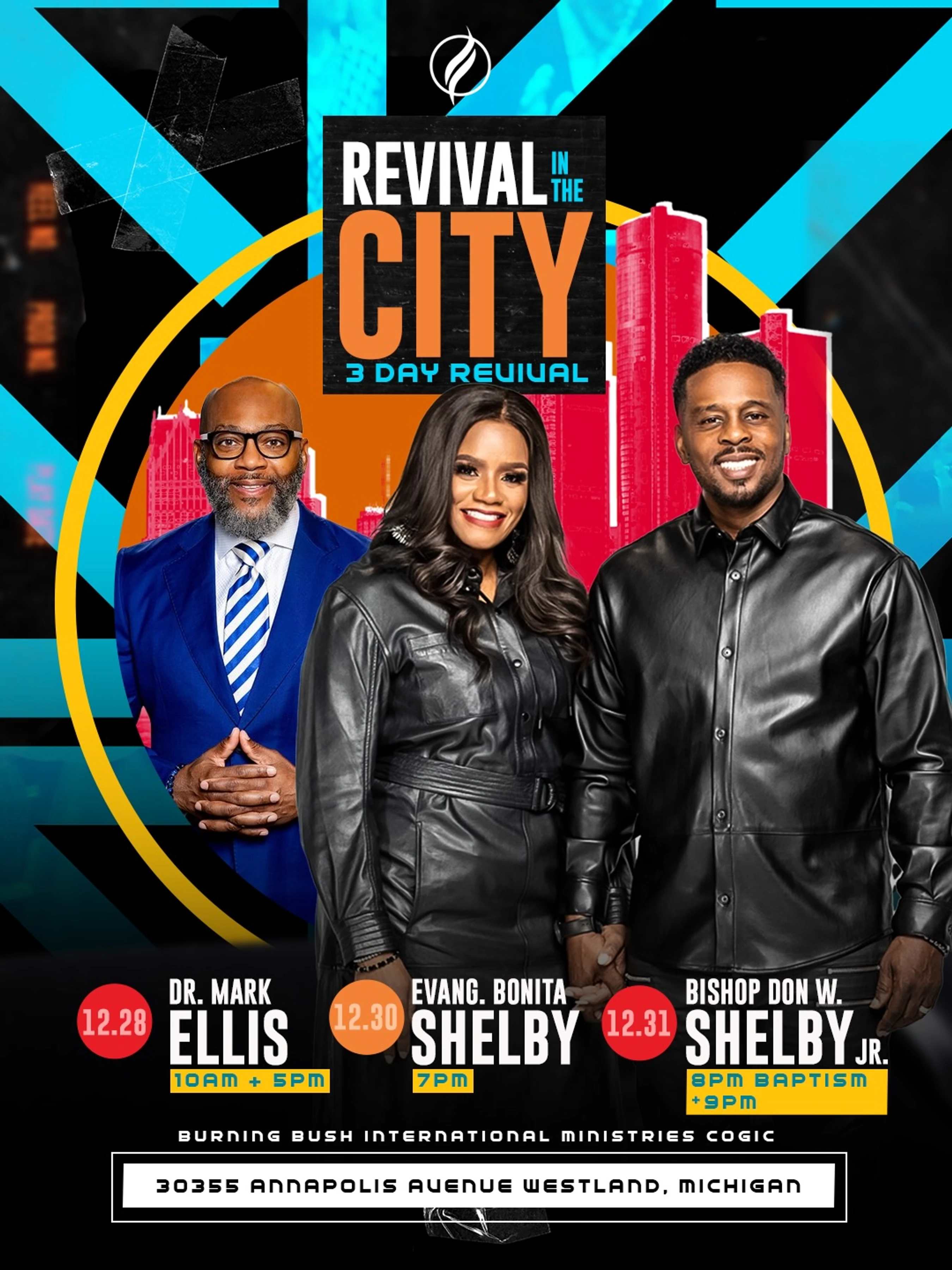 Promotional flyer for 'Revival in the City,' a 3-day event featuring speakers Dr. Mark Ellis, Evang. Bonita Shelby, and Bishop Don W. Shelby Jr.