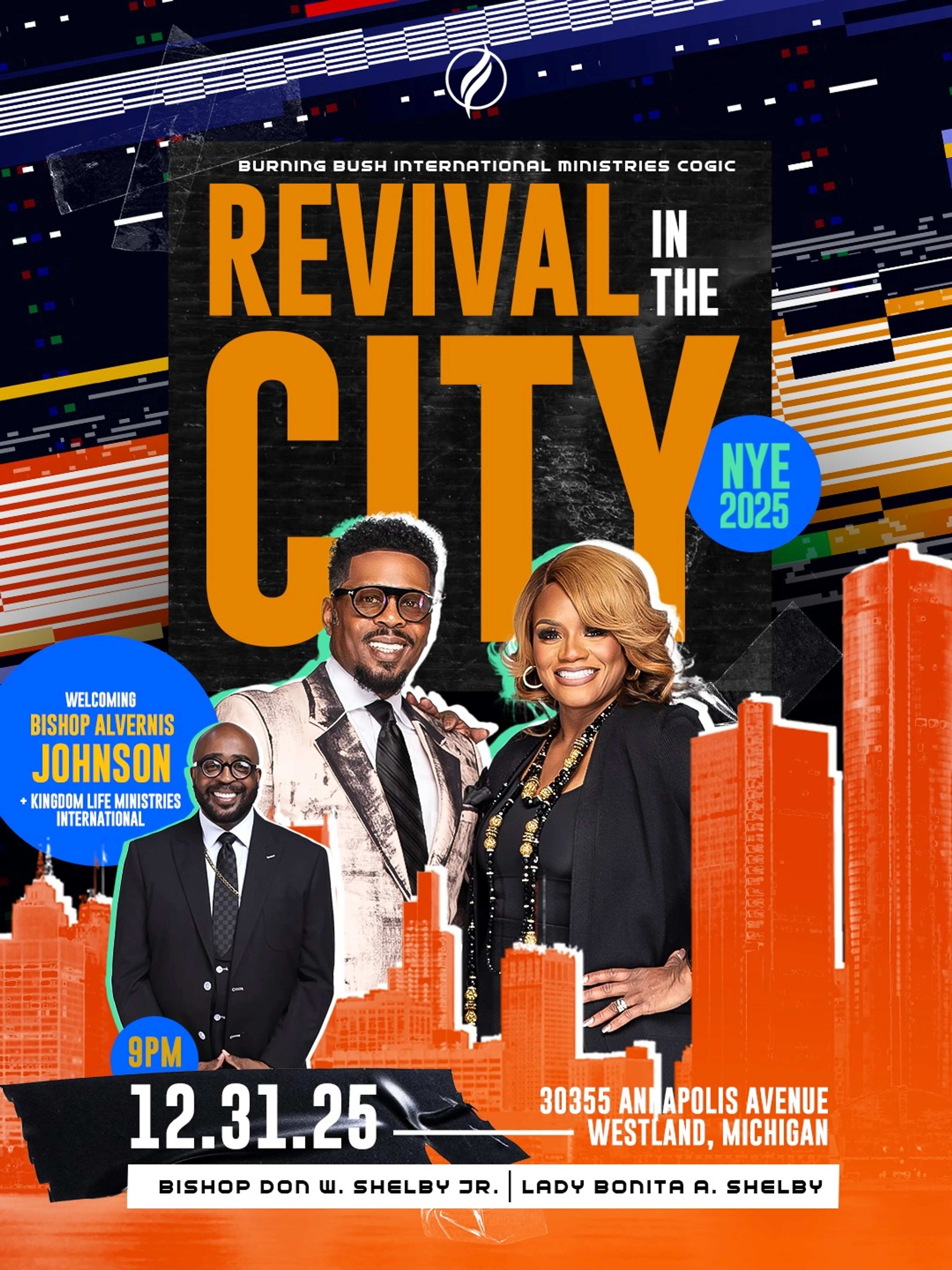 A promotional flyer for a church event called "Revival in the City" for NYE 2025, featuring photos of the speakers against an orange city skyline.