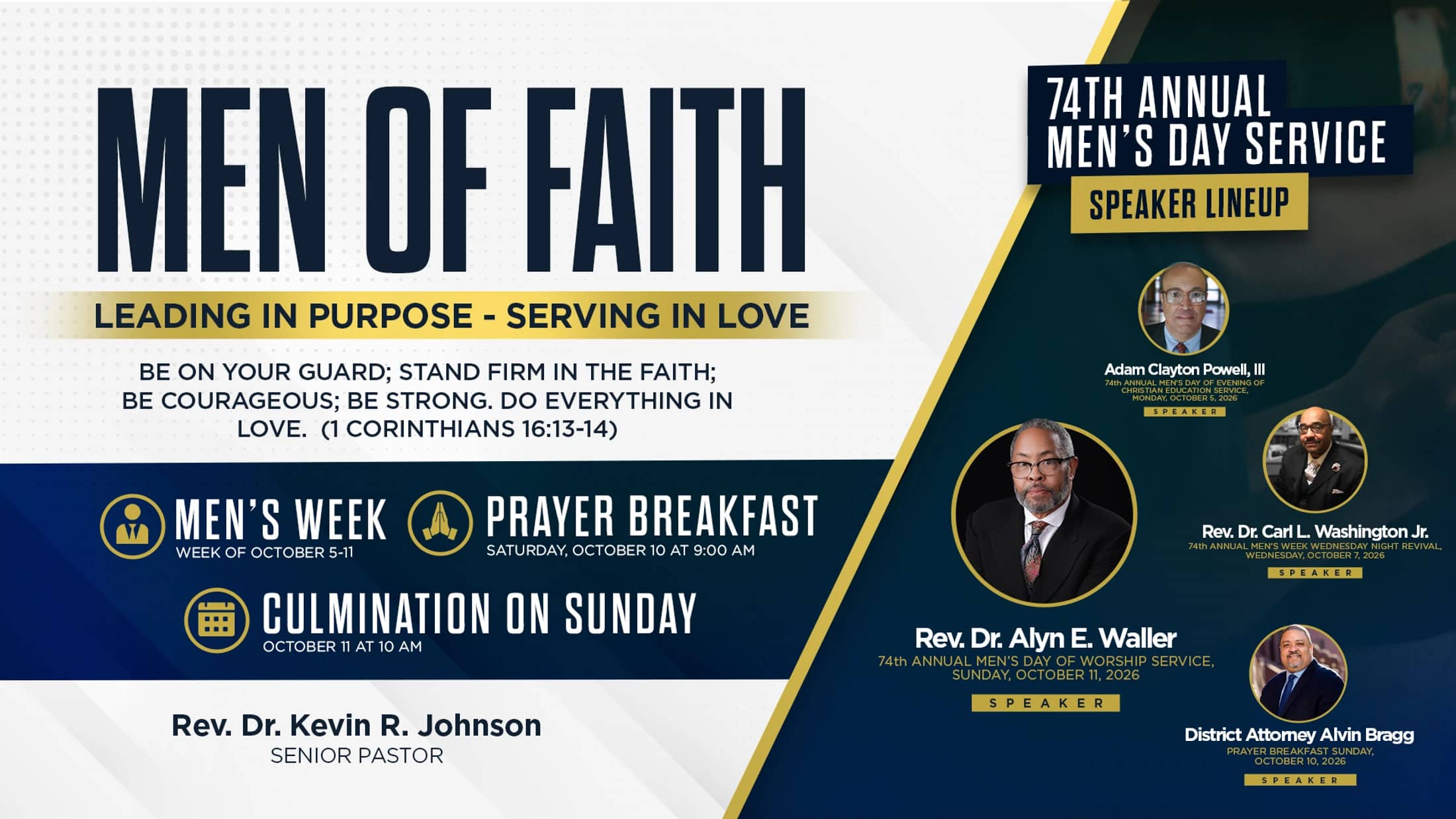A flyer for a 'Men of Faith' event, detailing the 74th Annual Men's Day Service, speaker lineup, and schedule for Men's Week and a prayer breakfast.