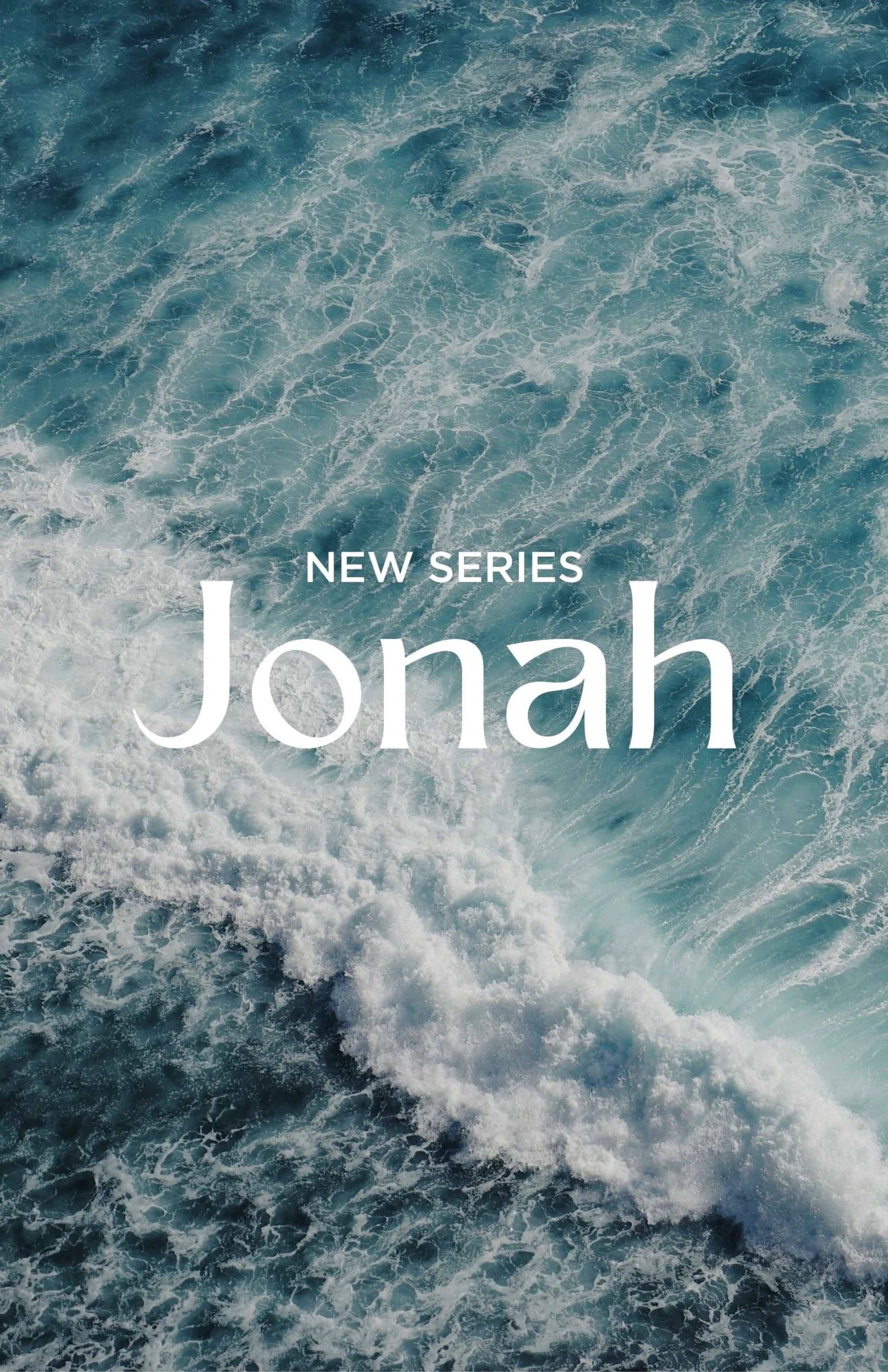 Graphic for a new series on Jonah, with white text layered over an aerial view of turbulent turquoise ocean waves crashing.