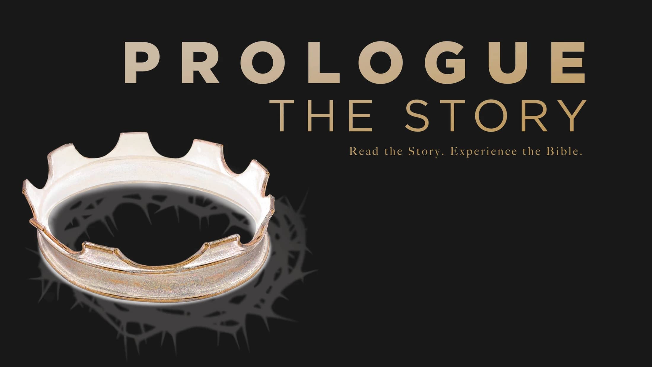 A graphic for "Prologue The Story" showing a royal crown casting the shadow of a crown of thorns against a black background.