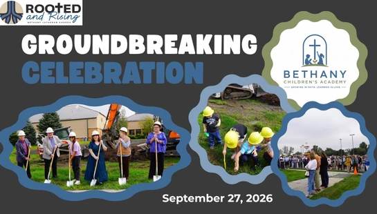 A graphic announcing a groundbreaking celebration, with a collage of photos showing adults and children in hard hats with shovels at the construction site.
