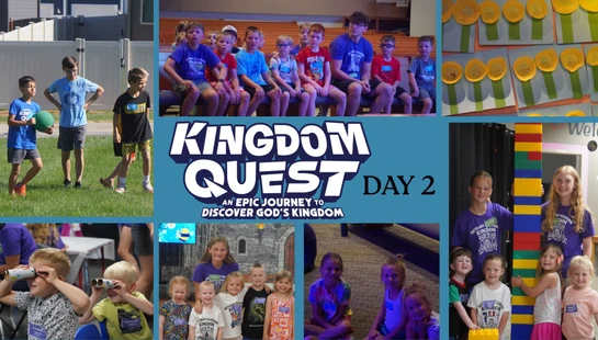 A photo collage of children participating in activities at a church event called Kingdom Quest Day 2, including games, crafts, and group lessons.
