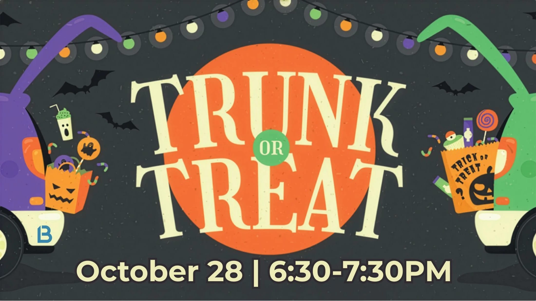 A graphic announcing a Trunk or Treat event on October 28. It features two cars with candy-filled trunks, bats, and string lights on a dark background.